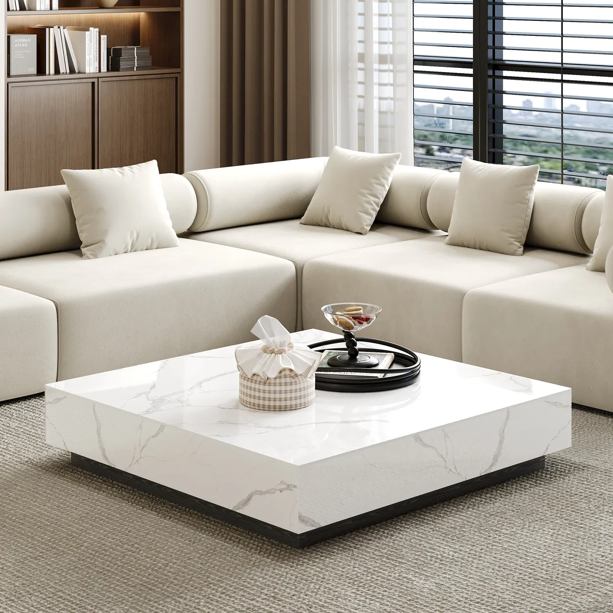 39" Square Sintered Stone Block Coffee Table With Wood Base