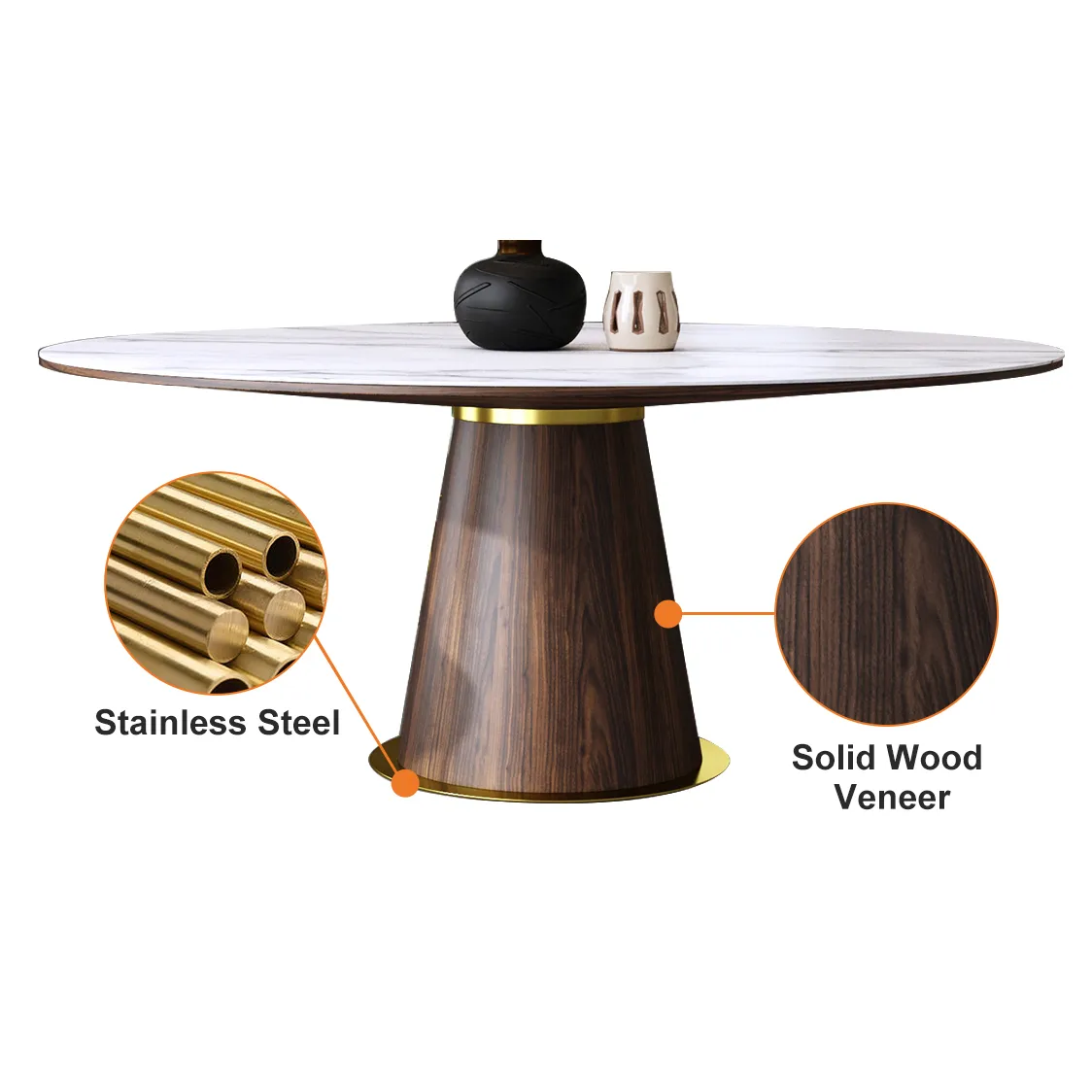 Round Dining Table Faux Marble Top Wooden Base for 6 Mid-Century Modern — image 4