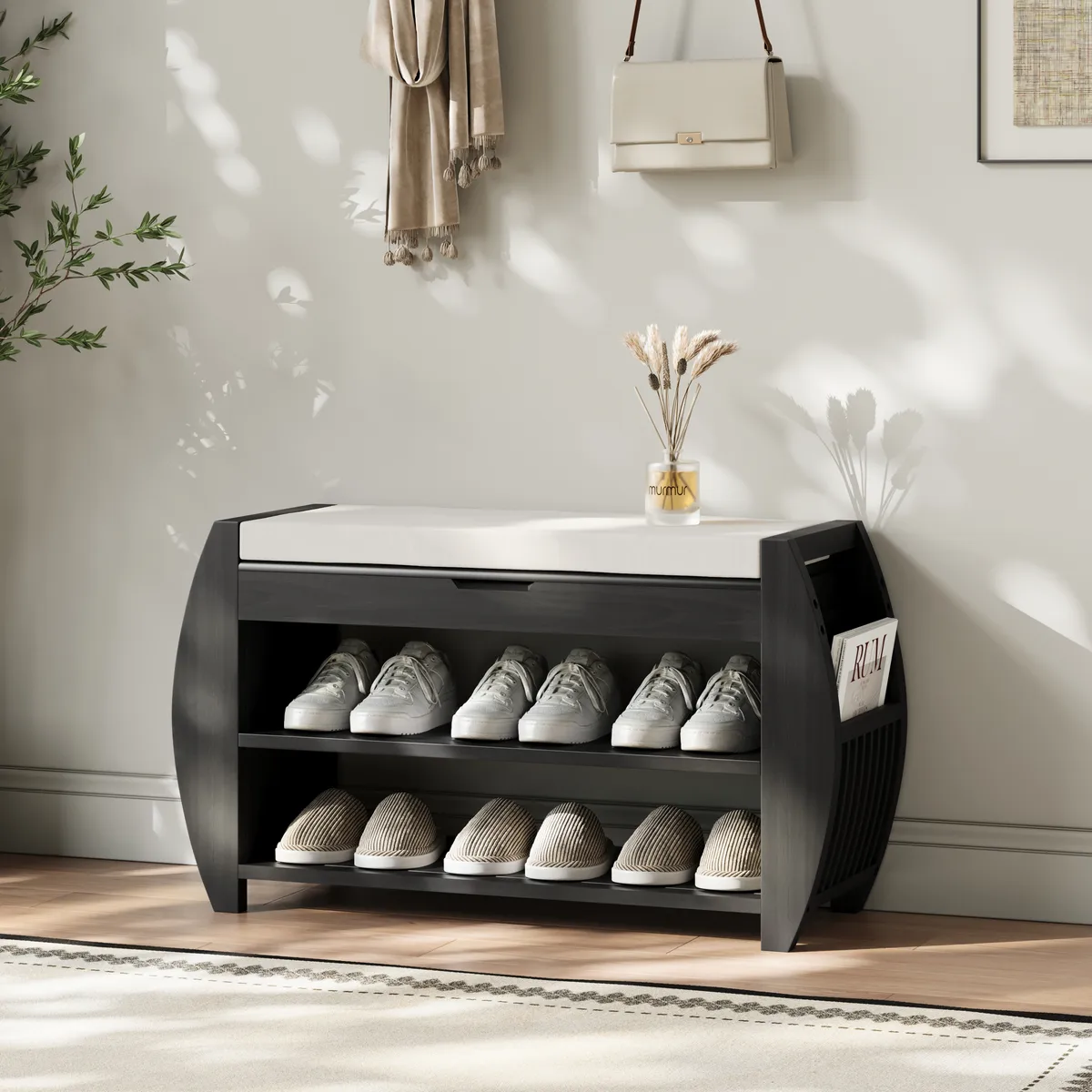 Shoe Storage Entryway Bench Wooden Shoe Rack in Brown (32.3'')