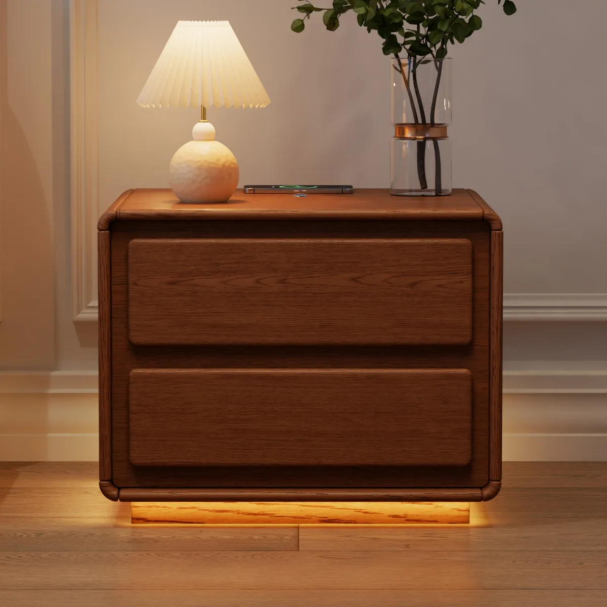 Haloa Walnut 3-Drawer LED Nightstand with Charging Station — image 2