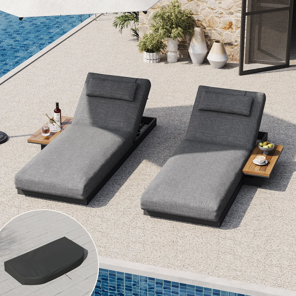 Tevara Single Outdoor Teak & Aluminum Adjustable Chaise Lounge with Black Cover — image 21