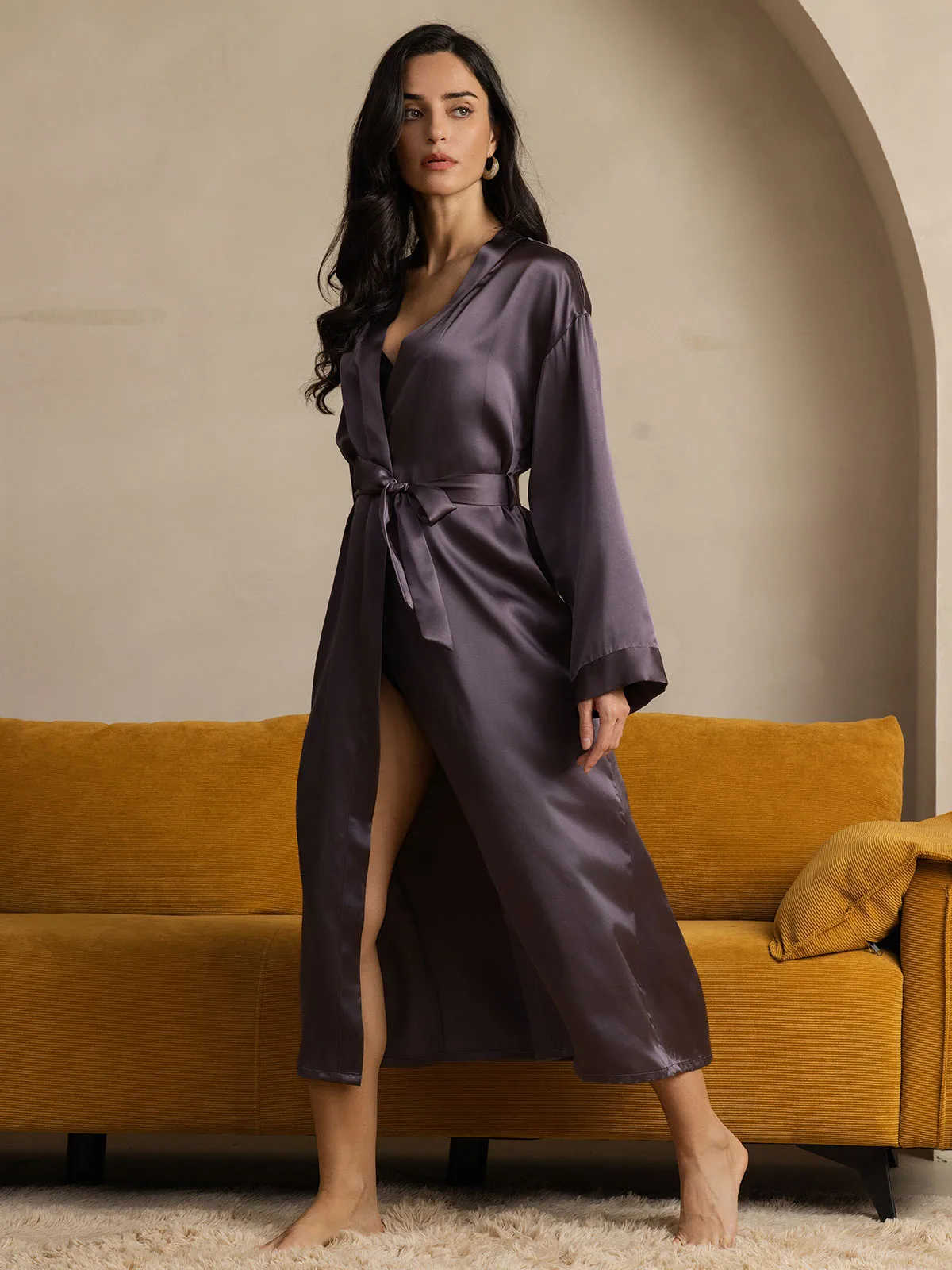 Women's 100% Mulberry Silk Long Sleeve Midi Wrap Robe — image 4