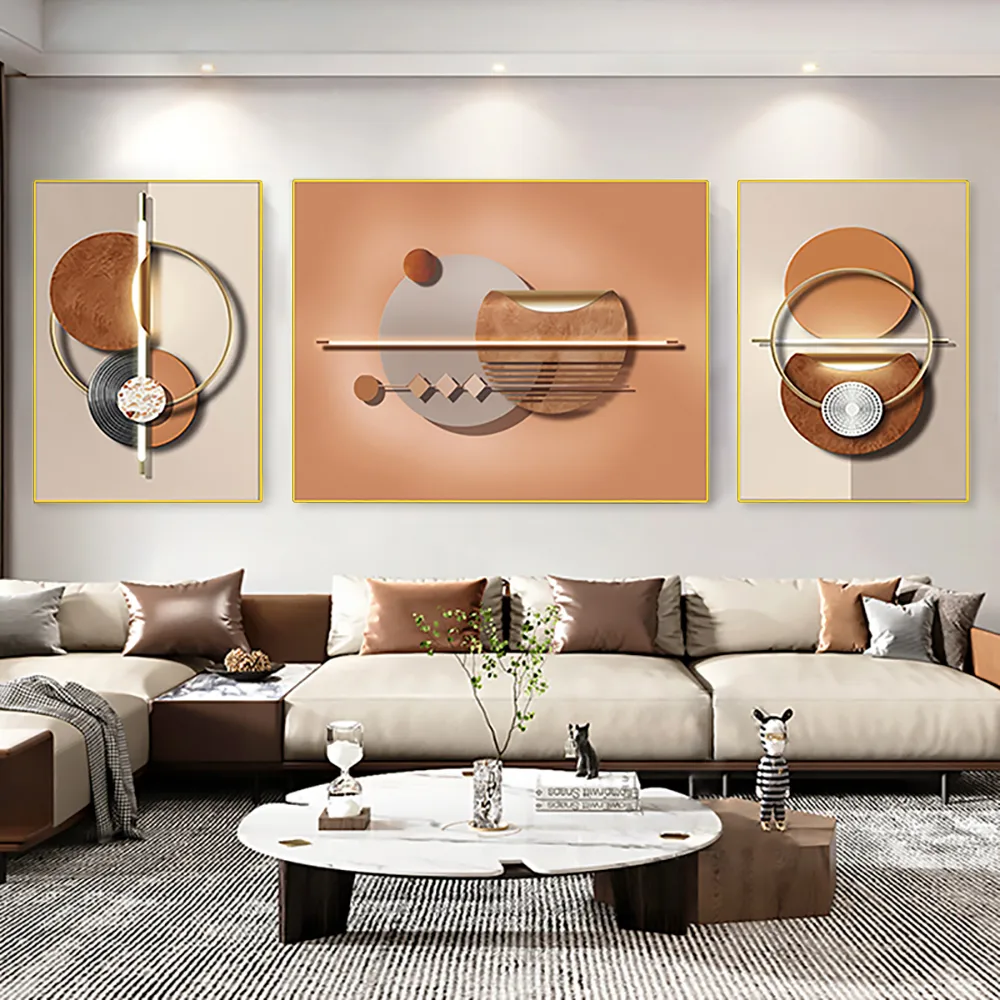 3 Pieces Geometric Abstract Wall Decor Set Modern Canvas Print with Frame Living Room