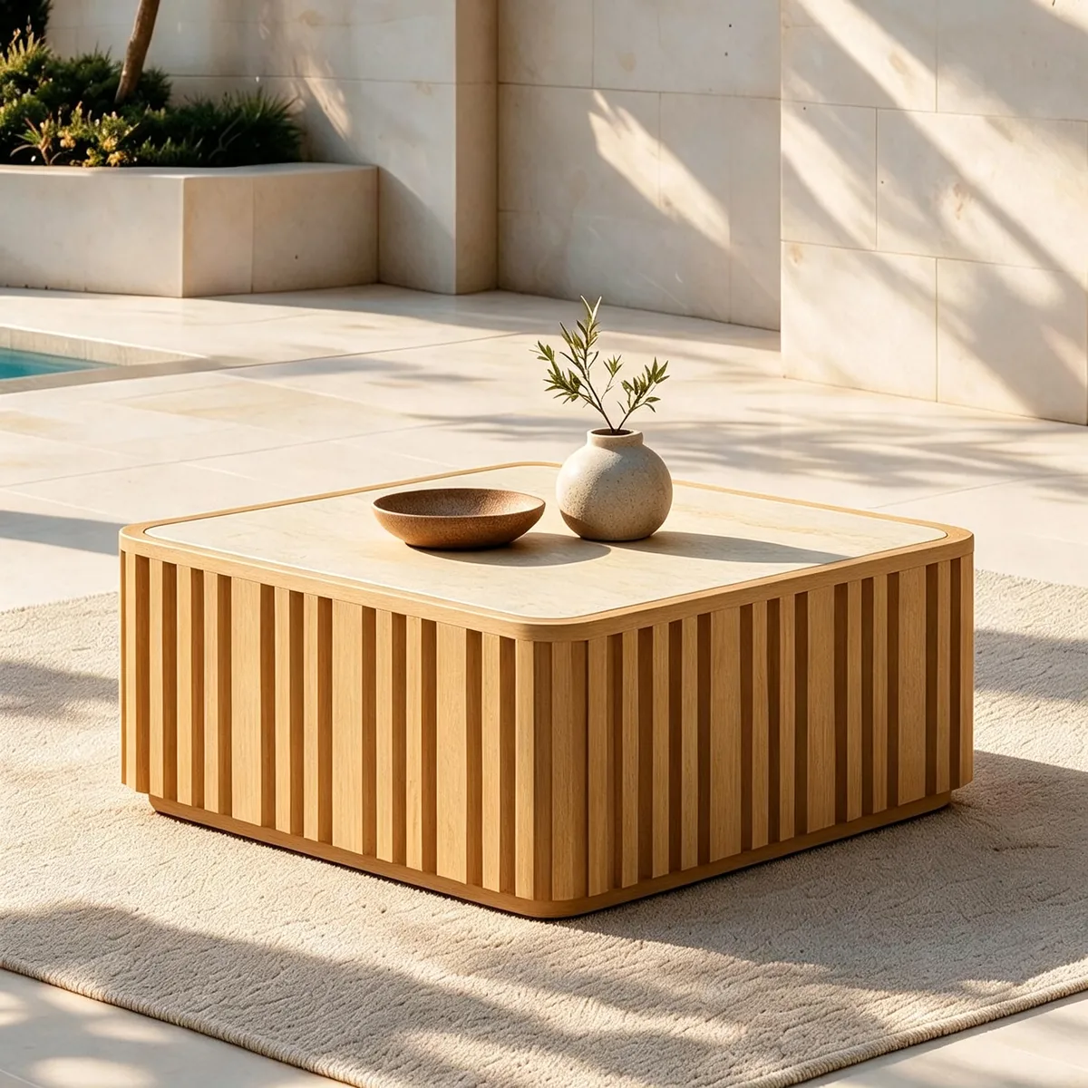 Flutera Fluted Aluminum Outdoor Coffee Table with Sintered Stone Top