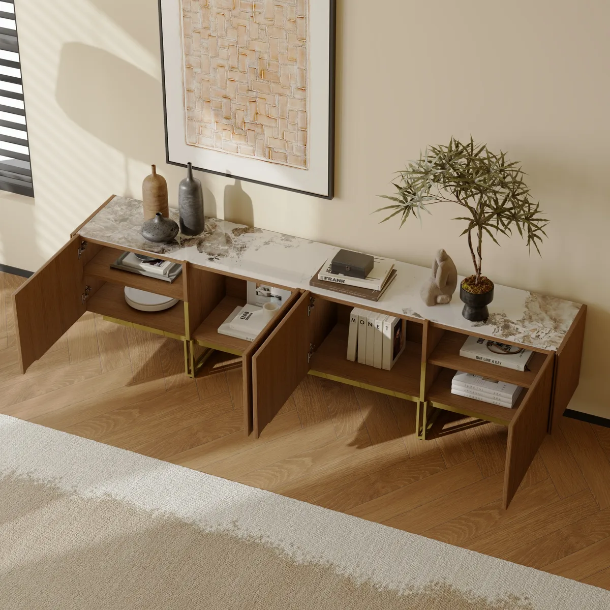 87" Stone Top Walnut TV Stand Minimalist Media Console with 4 Doors & 6 Shelves — image 5