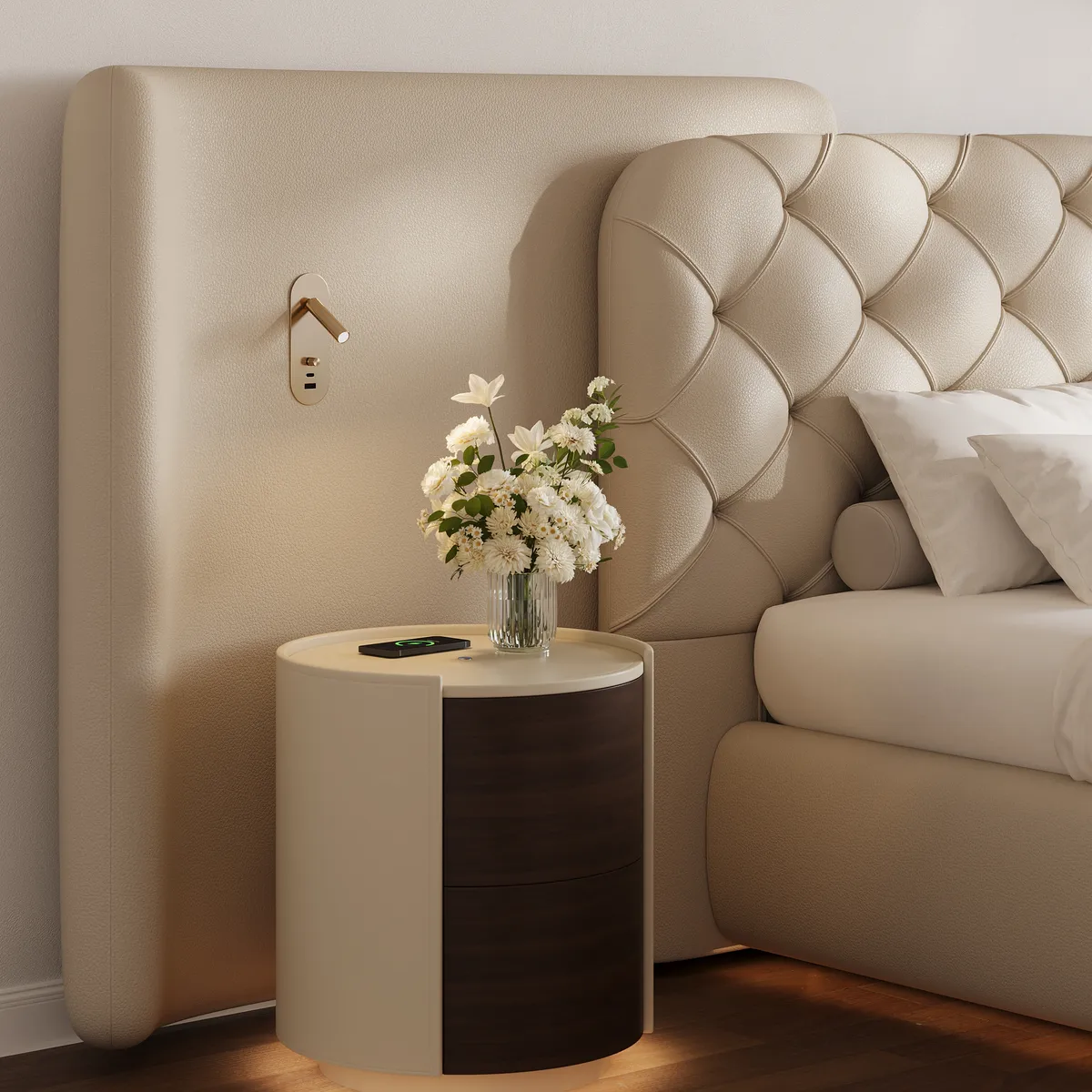 Modern King Genuine Leather Tufted Bed with Wide Charging Headboard & Light — image 8