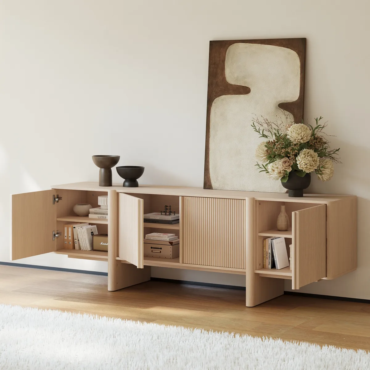 80" Solid Wood Fluted Black TV Stand with Cabinets — image 25