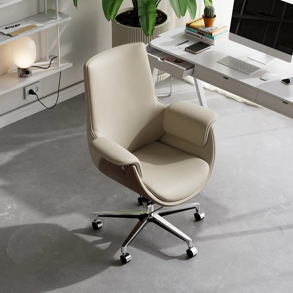 Black Leather Modern Home Office Chair Upholstered High Back Desk Chair Wood Grain Frame — image 28