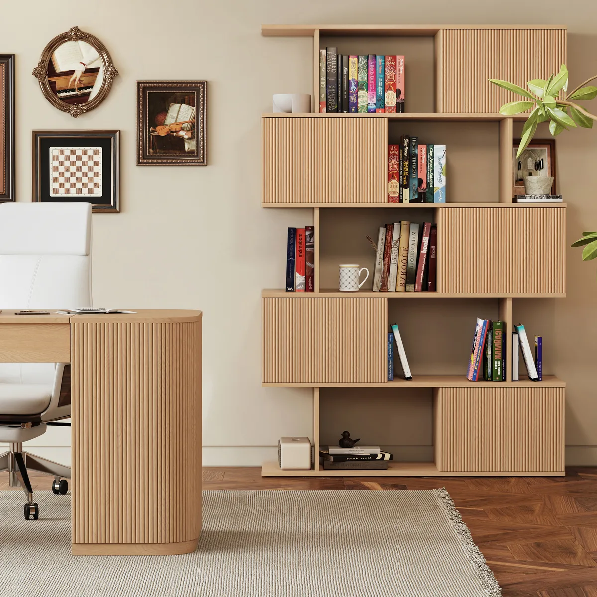Modern 60" Black Standing Office Desk & Sliding Door Etagere Bookshelf — image 13