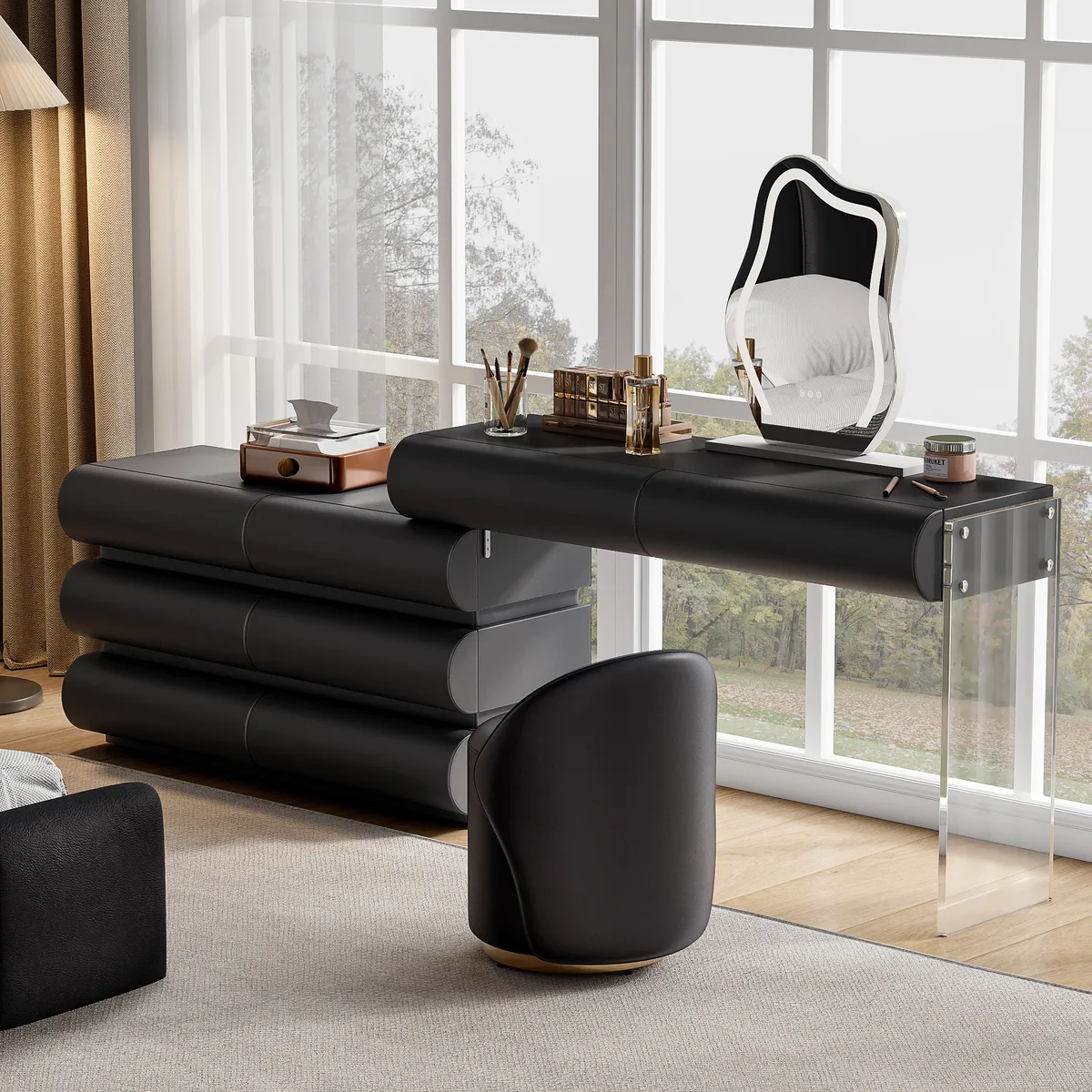 modern white PU leather dressing table set with stool and LED mirror — image 4