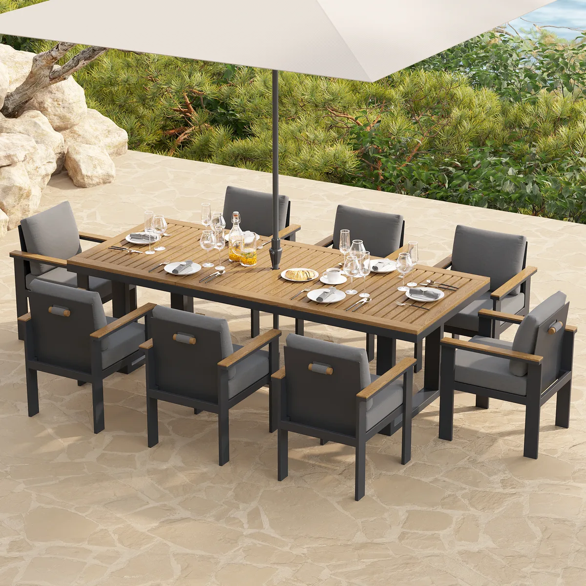Tevara 6-Person Rectangle Teak & Aluminum Outdoor Patio Dining Table — image 23