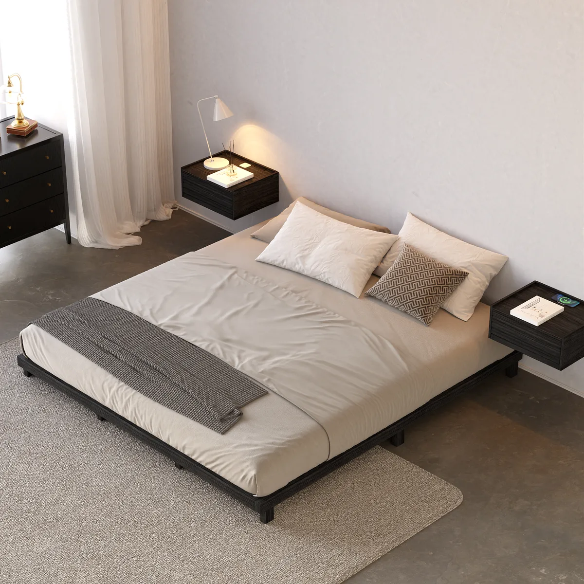 Wooden Floating Nightstand Modern Bedside Table with Charging Station Japanese Style — image 3