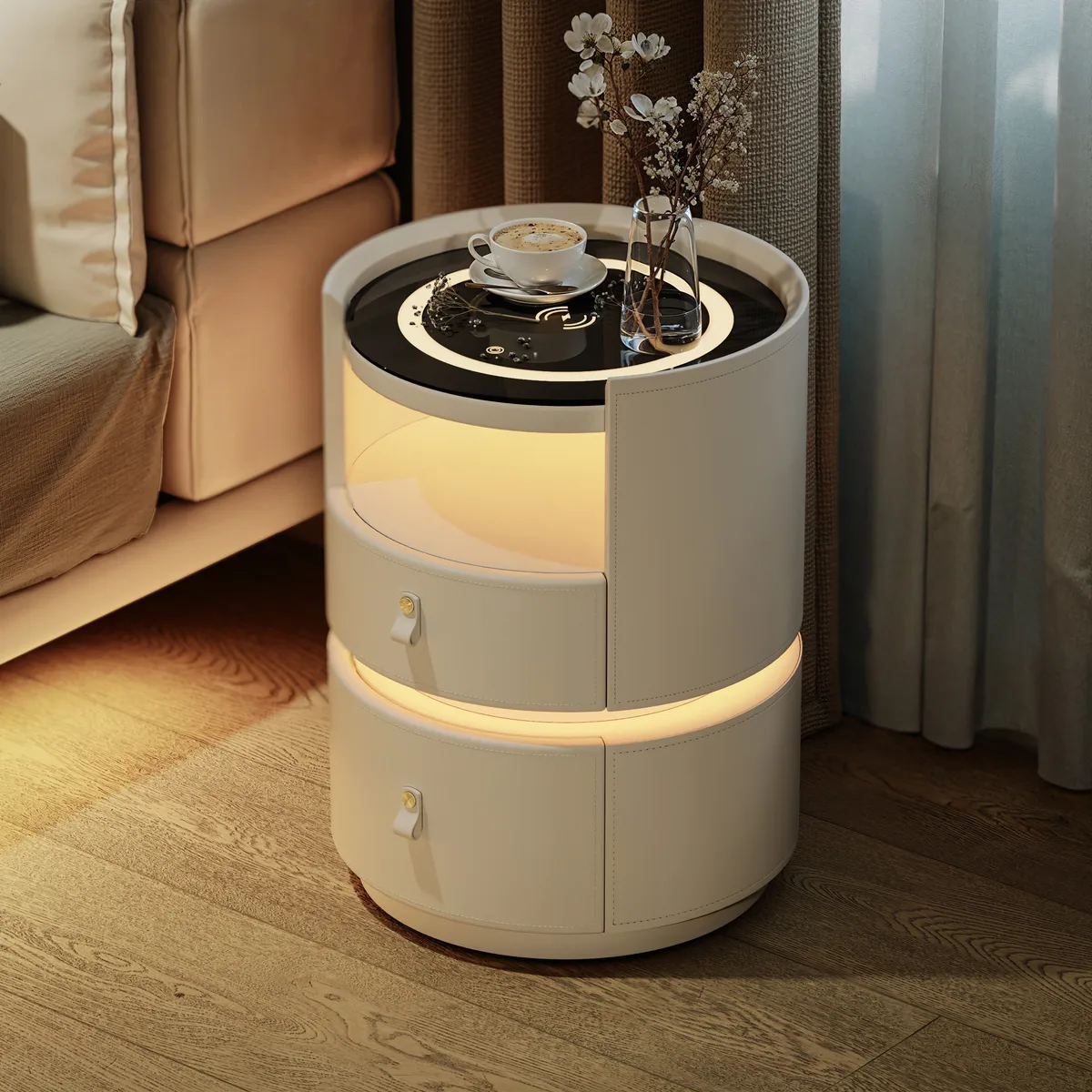Modern Saddle Leather Smart LED Nightstand