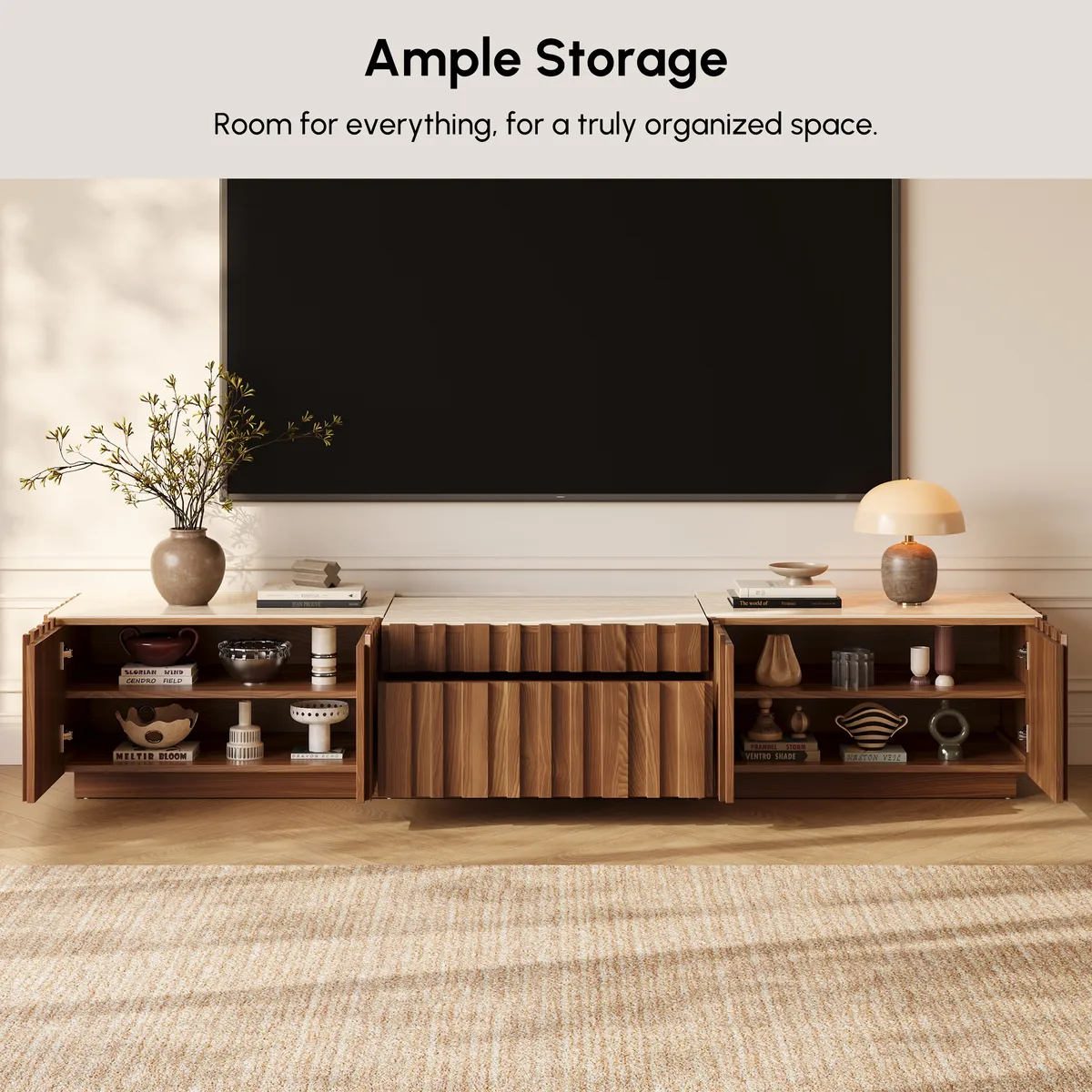 Aura 80" Ash Wood Fluted Walnut Projector TV Stand with Sintered Stone Top — image 8