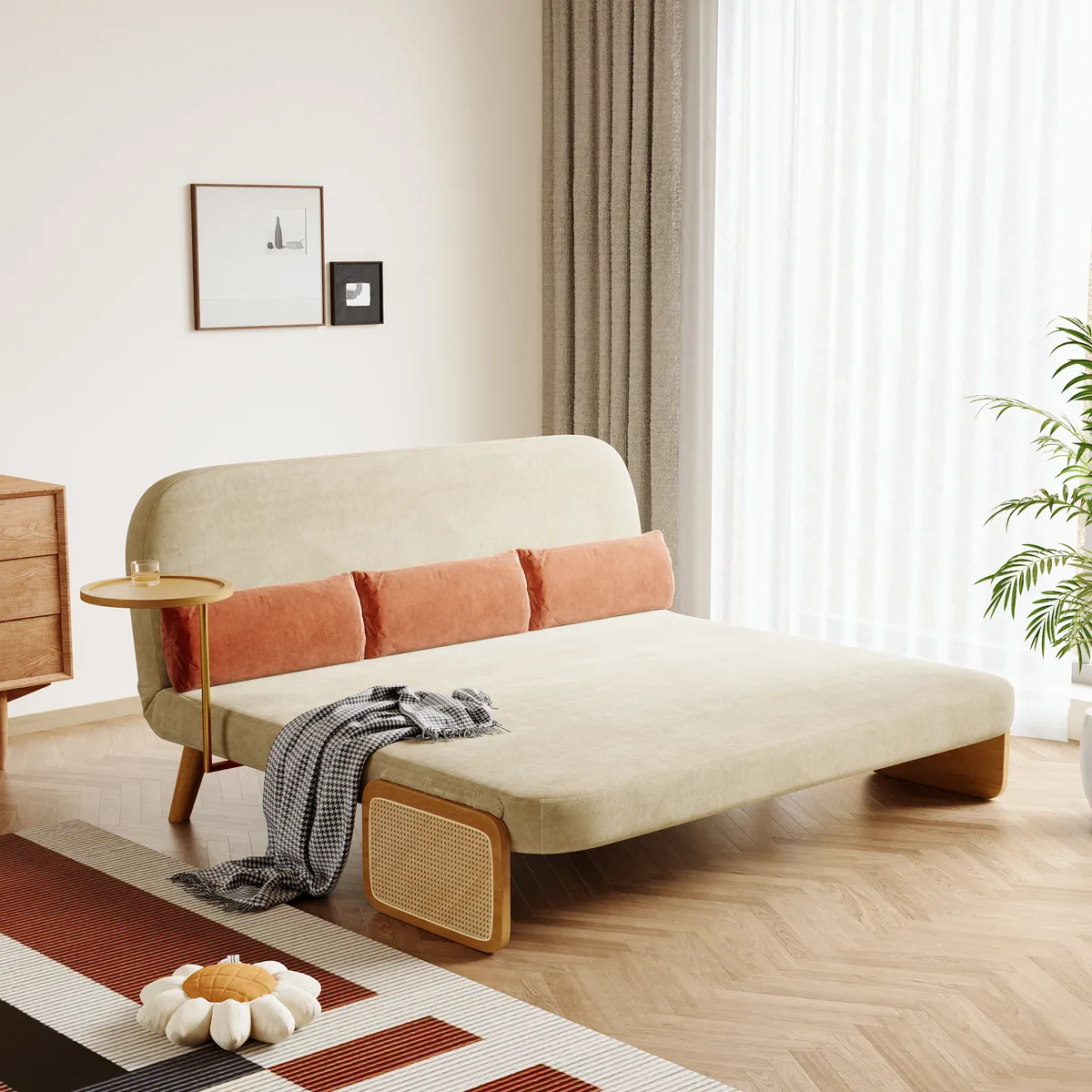 Futon Bed Twin Sleeper Sofa Convertible Chair Bed with Rattan Armrest — image 24