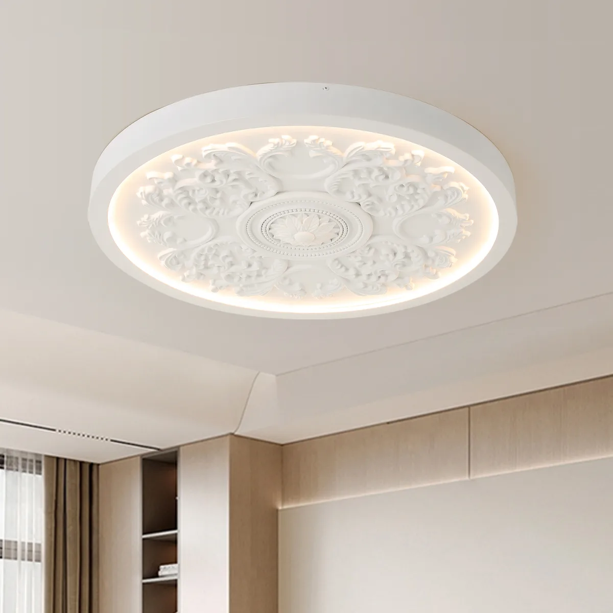 French Elegant White Resin 3D Carved LED Dimmable Flush Mount Ceiling Light — image 21