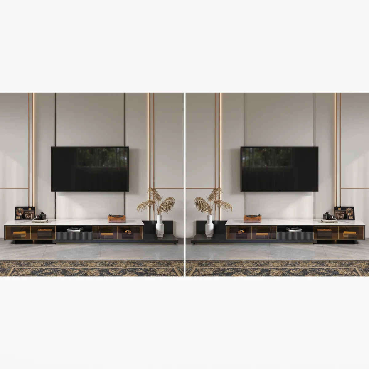 LED Light Extendable TV Stand Light Khaki Floor Media Console with Glass Door & Drawers — image 10