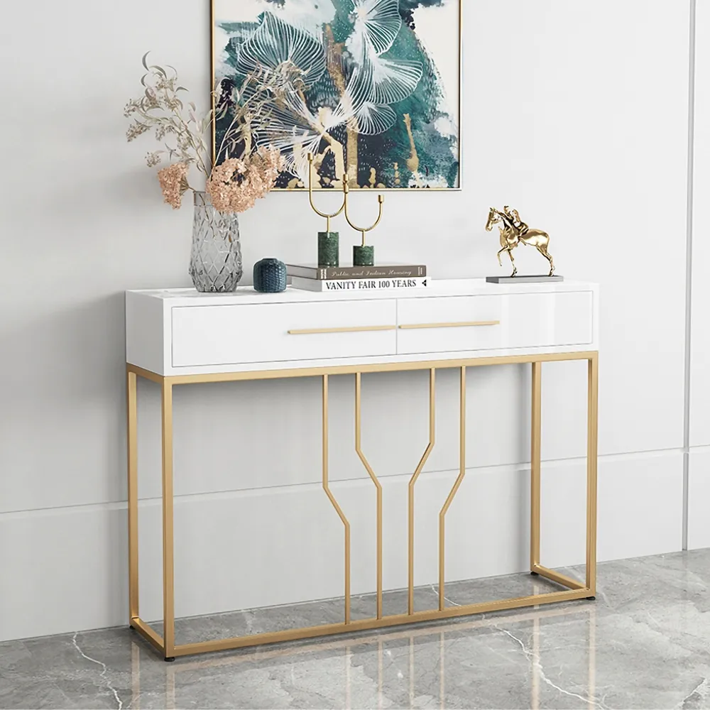 32" Modern Narrow White Console Table with Storage Wood Entryway Table with Drawers