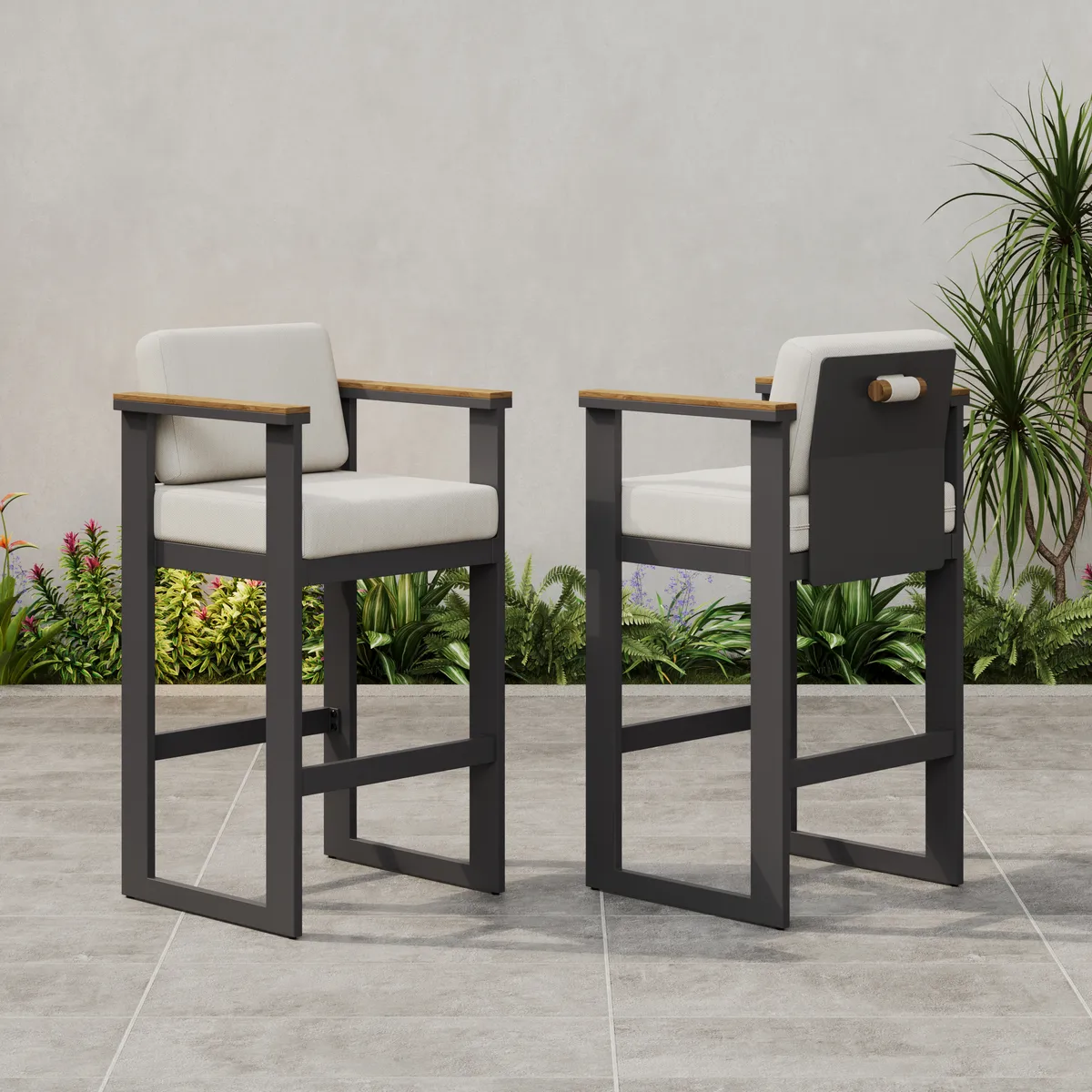 Tevara Outdoor Aluminum Frame & Teak Wood Armrest Bar Stools — image 21