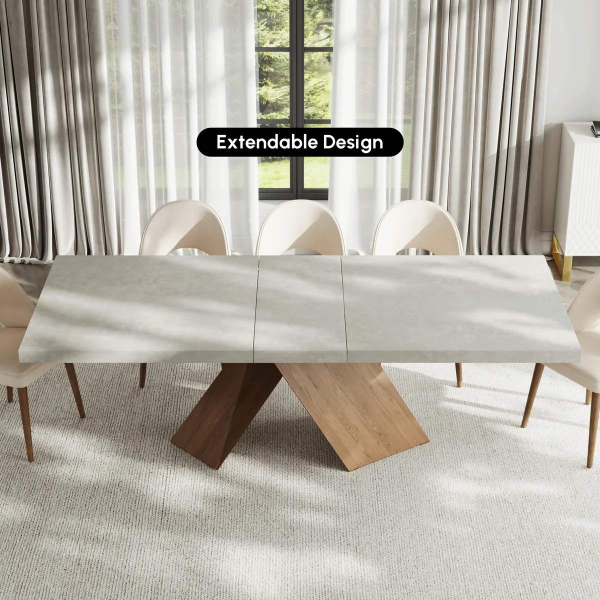 63"-79" Extendable Walnut Dining Table Modern Farmhouse Rectangle 4-6 Seater Pedestal — image 18