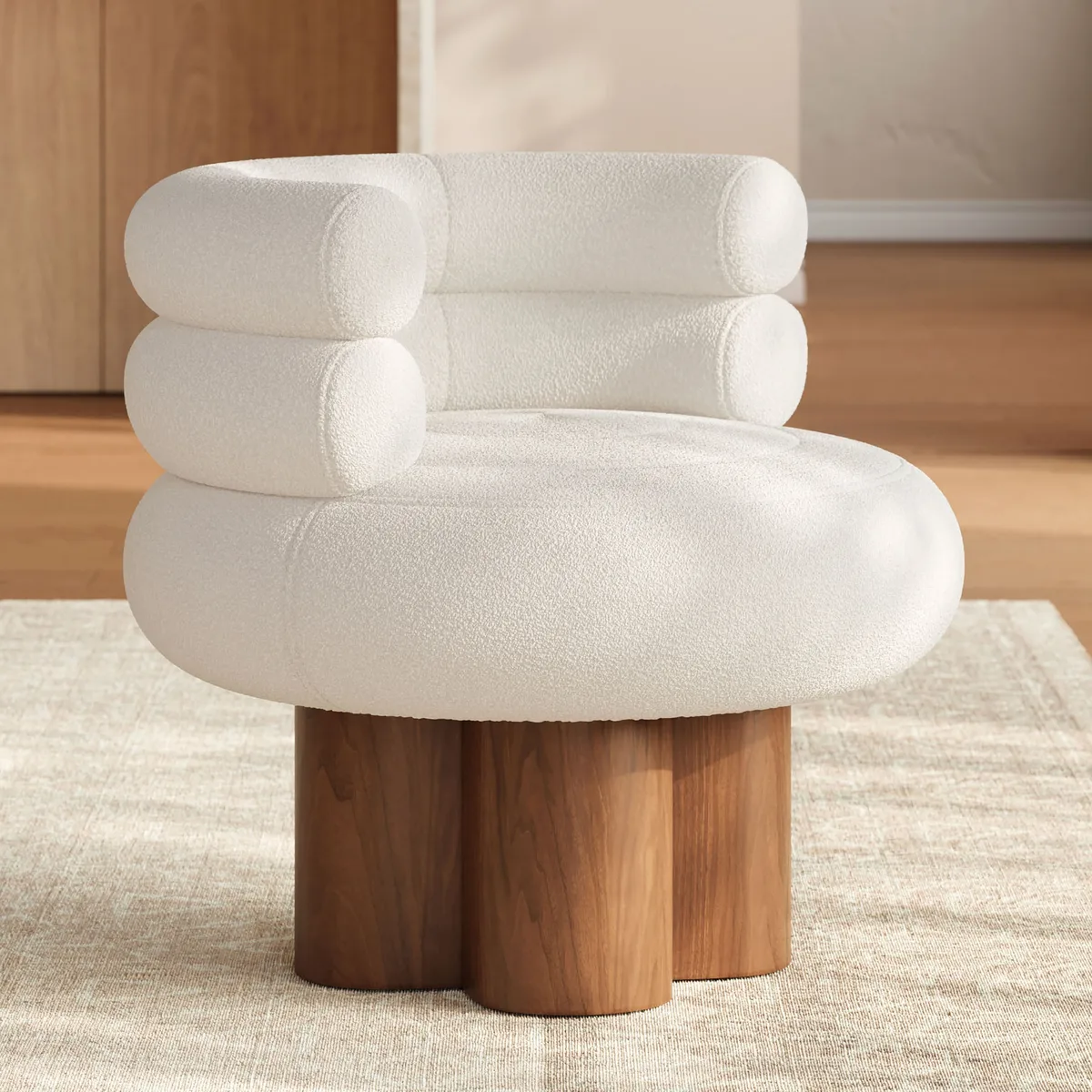 Swivel Solid Wood Base Accent Chair Boucle Armchair for Living Room in White (28" Wide)