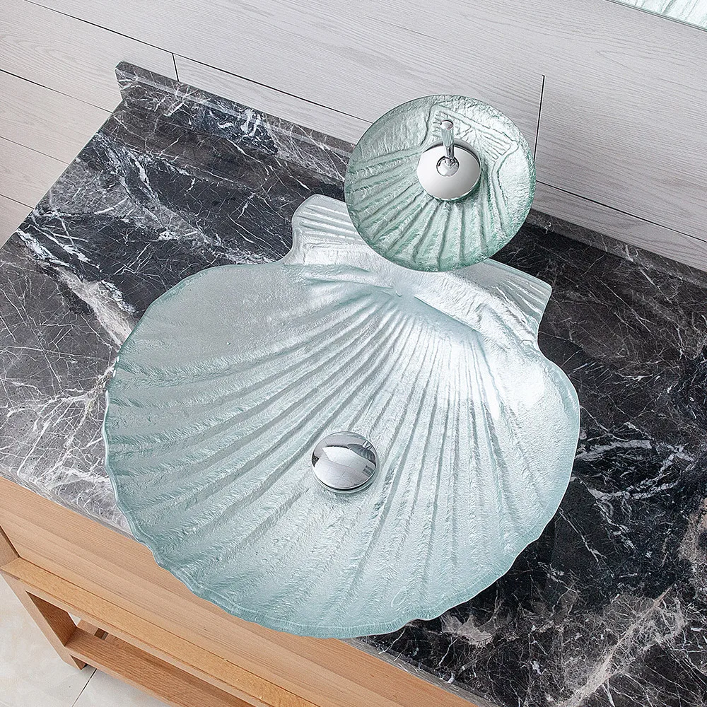 Vessel Transparent Shell Shaped Crystal Glass Bowl Bathroom Wash Sink with Faucet — image 2