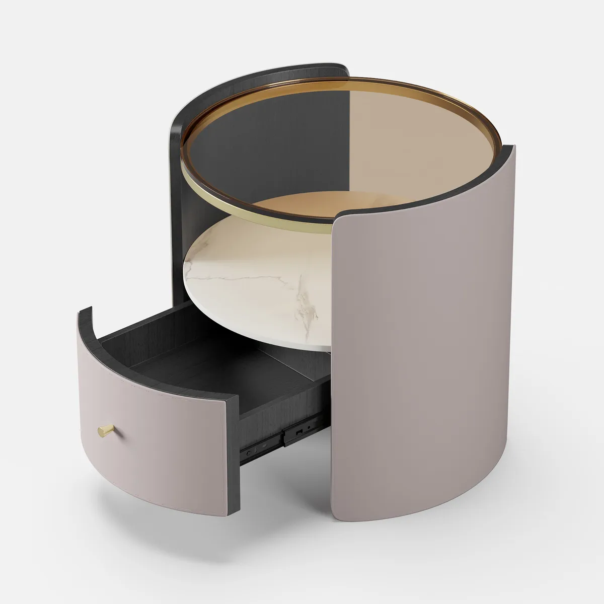 Modern Round Gray Leather Nightstand with Glass Top & Sintered Stone Bedside — image 10