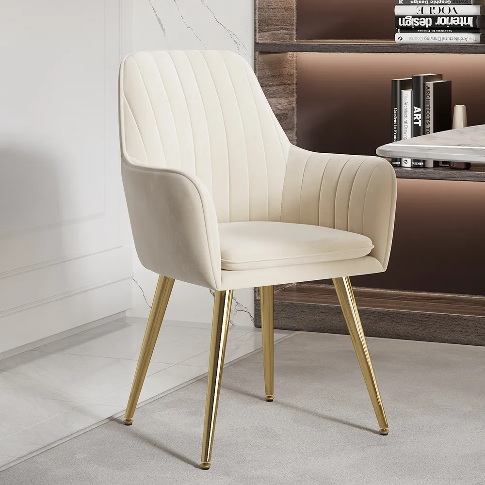 Modern Warm White Velvet Dining Chair with Cushioned Seat