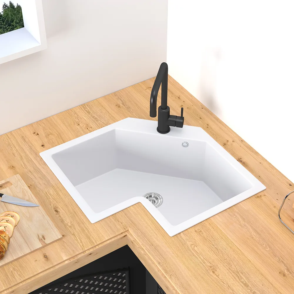 Drop In Corner Irregular Kitchen Sink White 25" Quartz — image 17