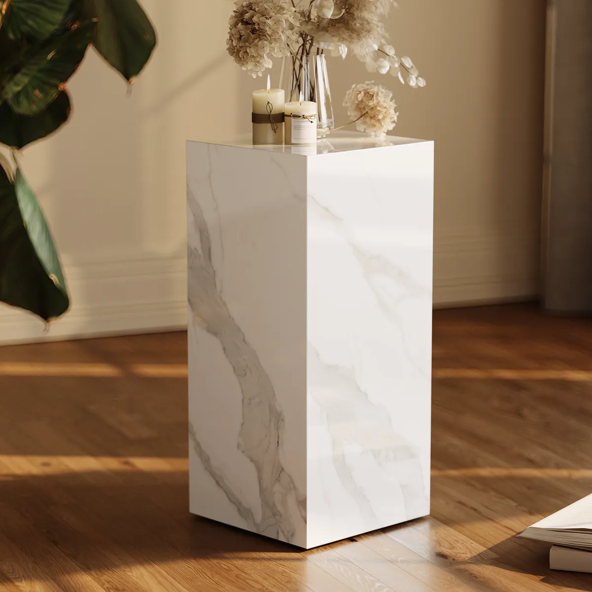 White Sintered?Stone Plinth Pedestal Plant Stand & Side Table
