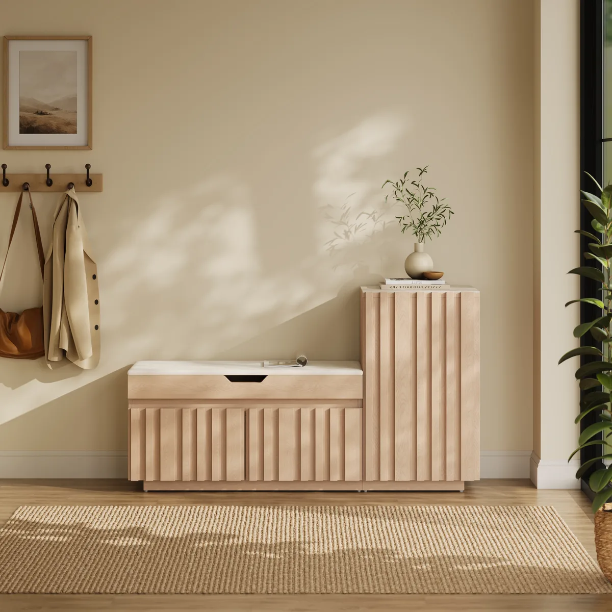 Aura 47” Wooden Shoe Storage Bench with Right-Side Cabinet for Entryway — image 12