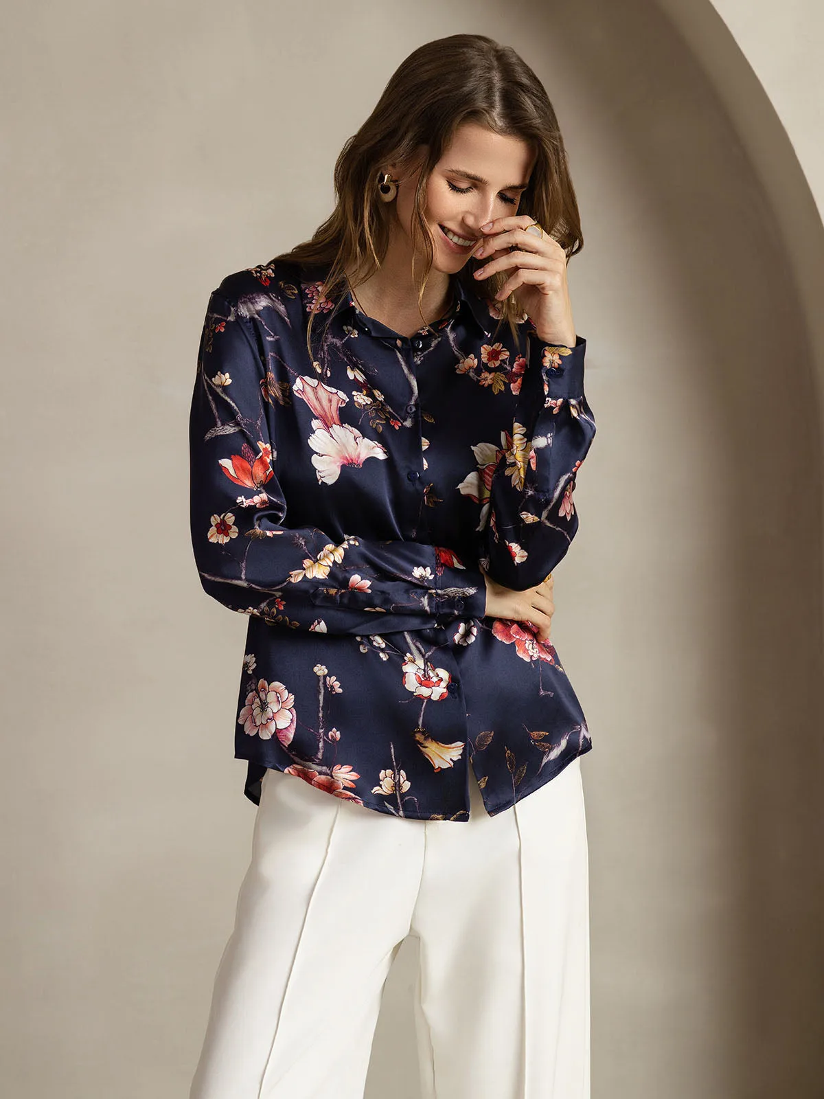 19Momme Silk Navy Floral Print Long Sleeve Lapel Collar Women's Shirt — image 5