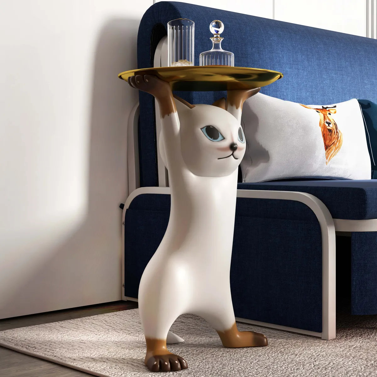 Modern Cat Side Table Decorative Cocktail Table Floor Resin Figurine with Gold Tray End Table — image 4