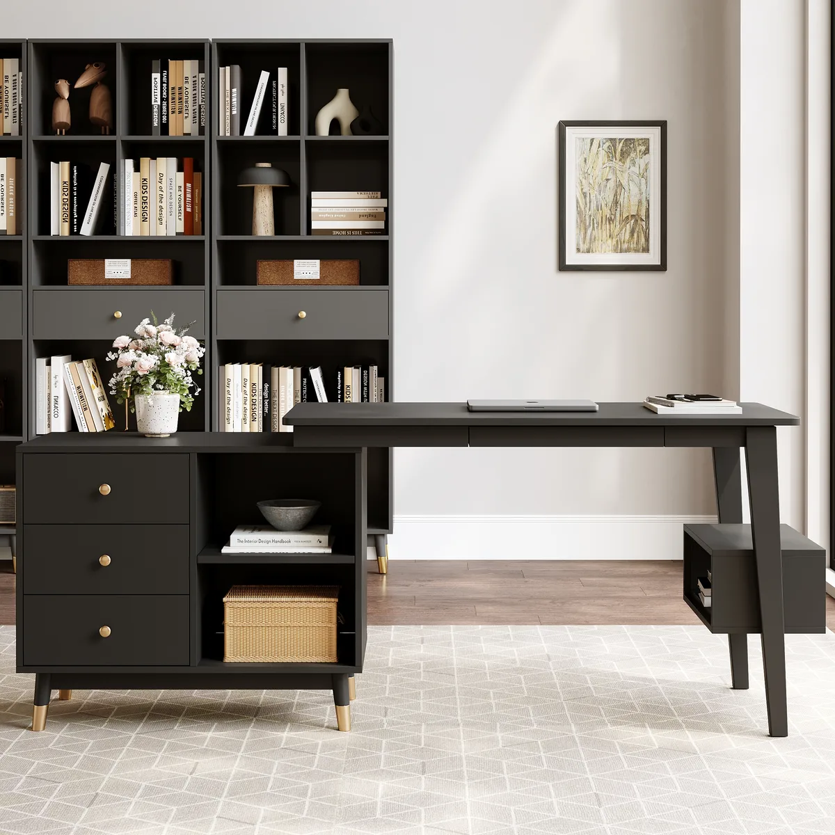 Ultic Gray Reversible L-Shaped Desk & Faux Leather Office Chair Set with Wheels — image 15