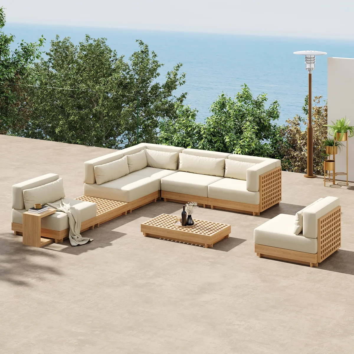 Grida 9-Piece Teak Luxury Modular L-Shaped Outdoor Patio Sectional Sofa Set in Gray with Coffee Table and Cushions — image 23