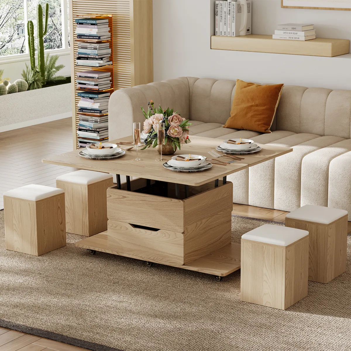 Modern Walnut Lift Top Coffee Table 4 in 1 with Storage Ottoman Foldable and Casters — image 14