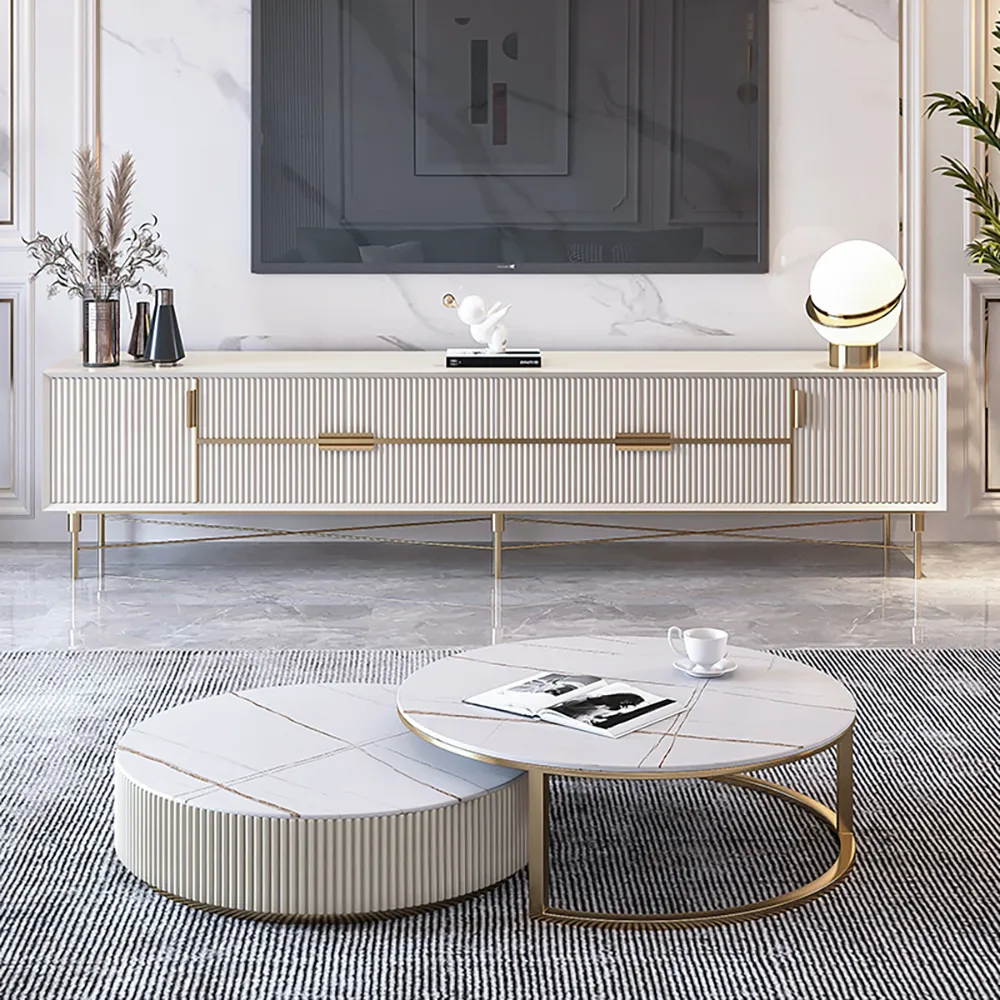 Round 2-Piece Nesting Set Sintered Stone Top Beige Coffee Table with Drawer 78.7" Modern White Boucle Upholstered Fluted 3-Seater Sofa — image 24