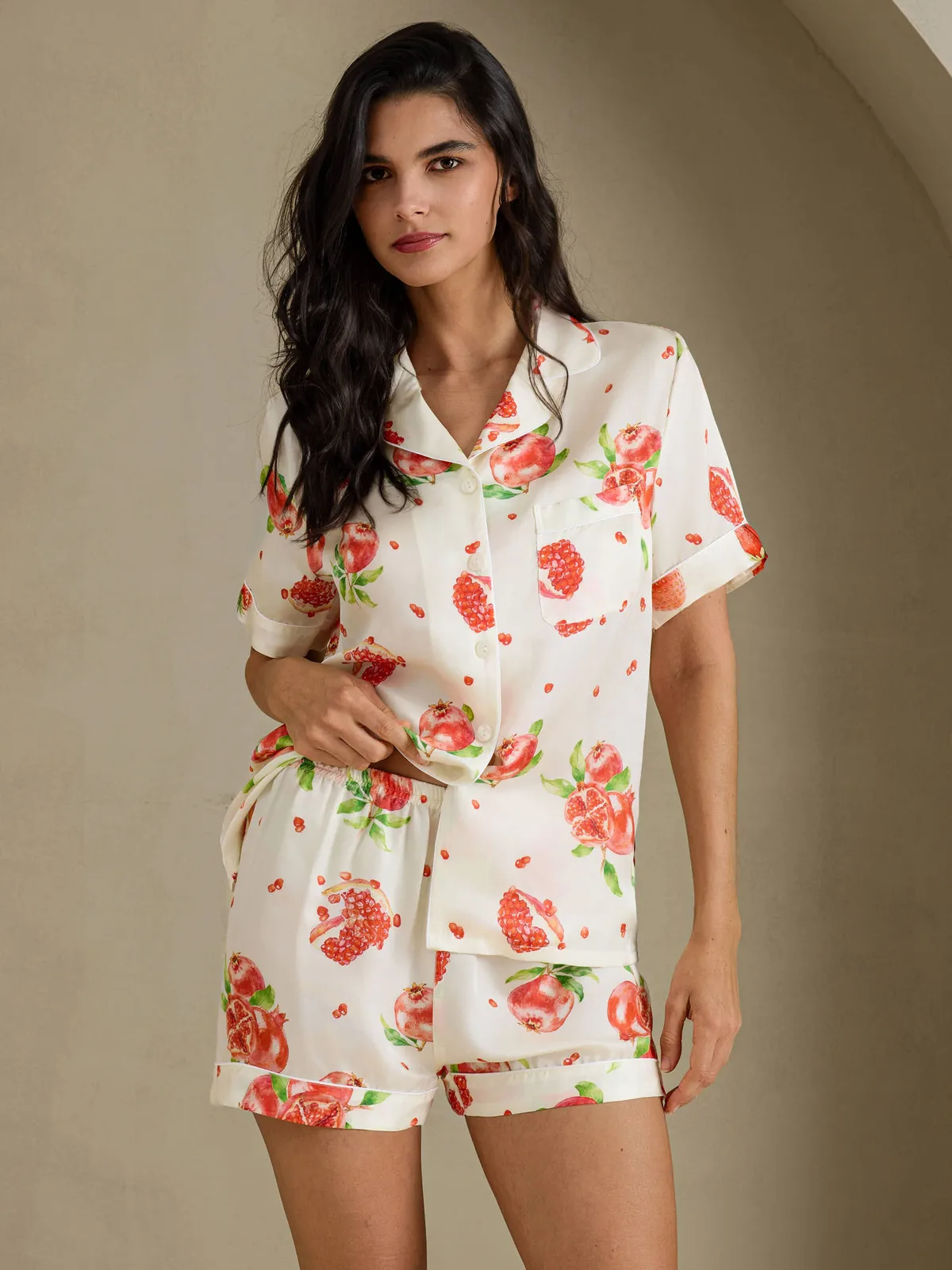 100% Mulberry Silk Women's Pomegranate Print Short Sleeve Pajama Set