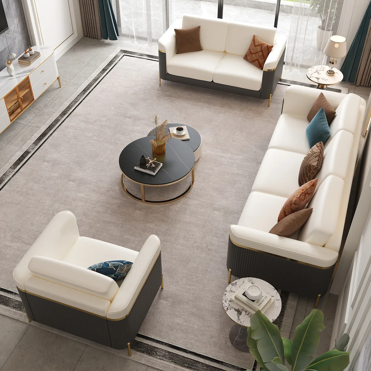 3 PCS Vertex Sofa Set with Chair Modern Beige Living Room Sofa Set with Cushion — image 3