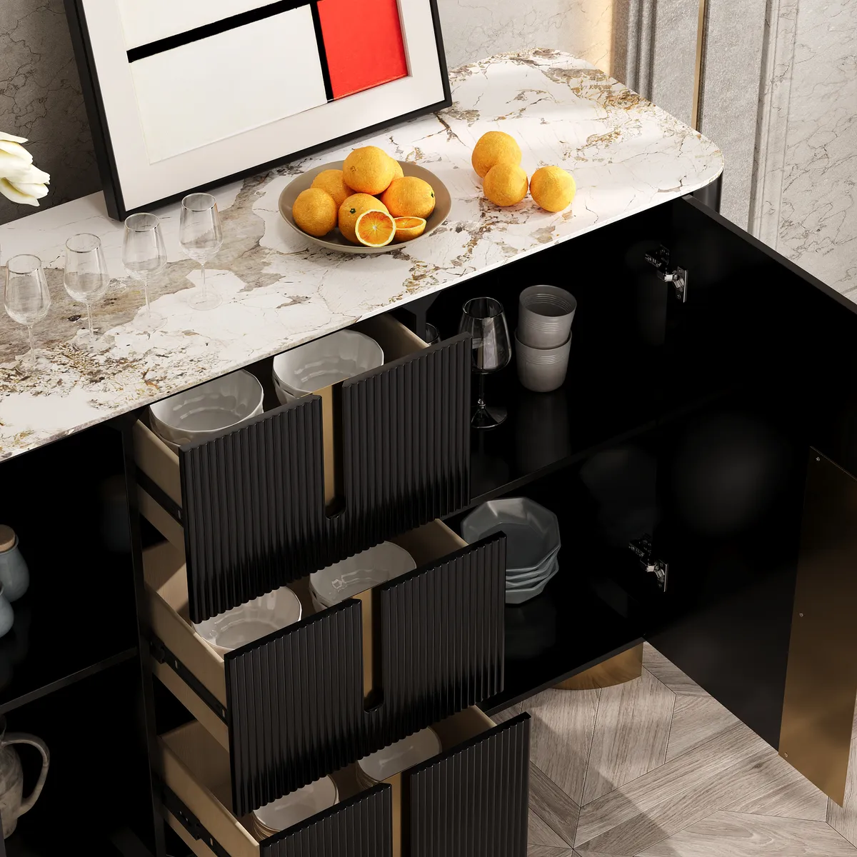 Artis Modern White 59"W Sintered Stone Sideboard 3 Drawers Kitchen Buffet Table — image 6