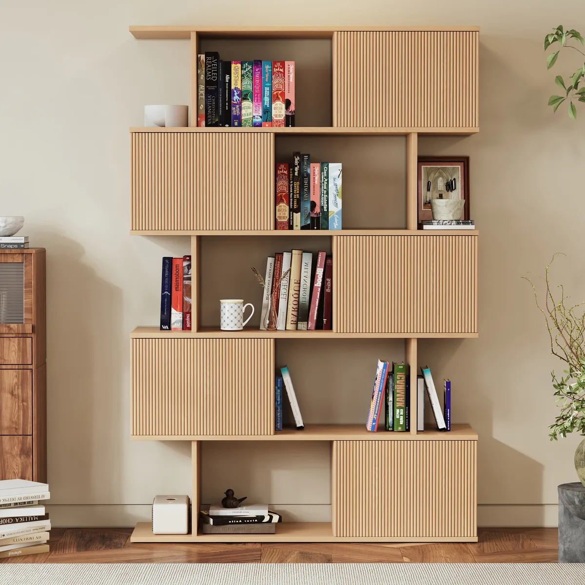 Modern 60" Black Standing Office Desk & Sliding Door Etagere Bookshelf — image 18