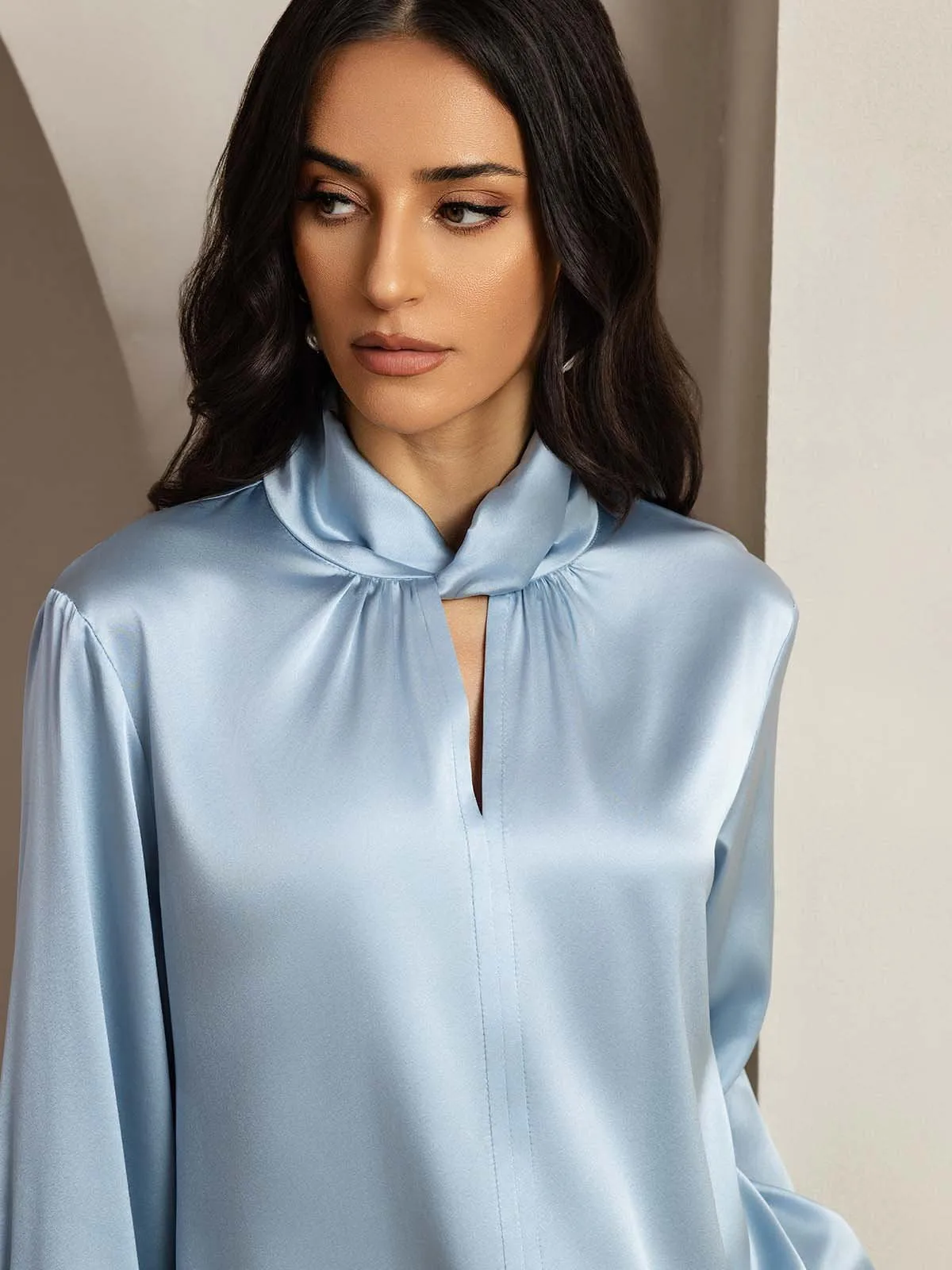 19Momme Silk Keyhole Neck Blouse with Pearl Buttons — image 3