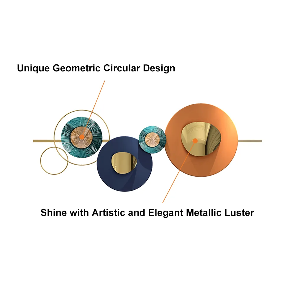 Modern Round Metal Wall Art 59" x 23" Geometric Decor in Orange & Gold & Blue Living Room — image 8