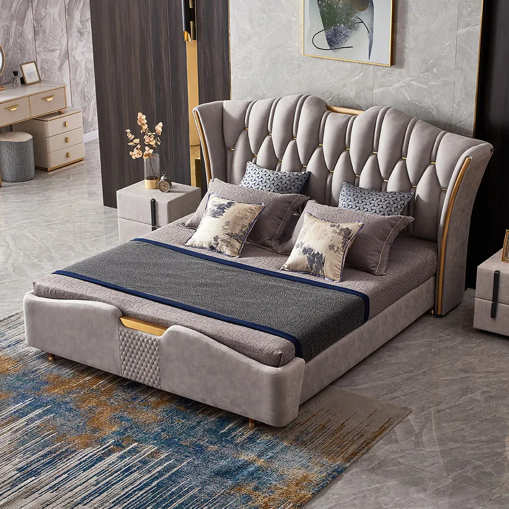 King Size Upholstered Leather Bed Frame with Tufted Wingback Headboard — image 11