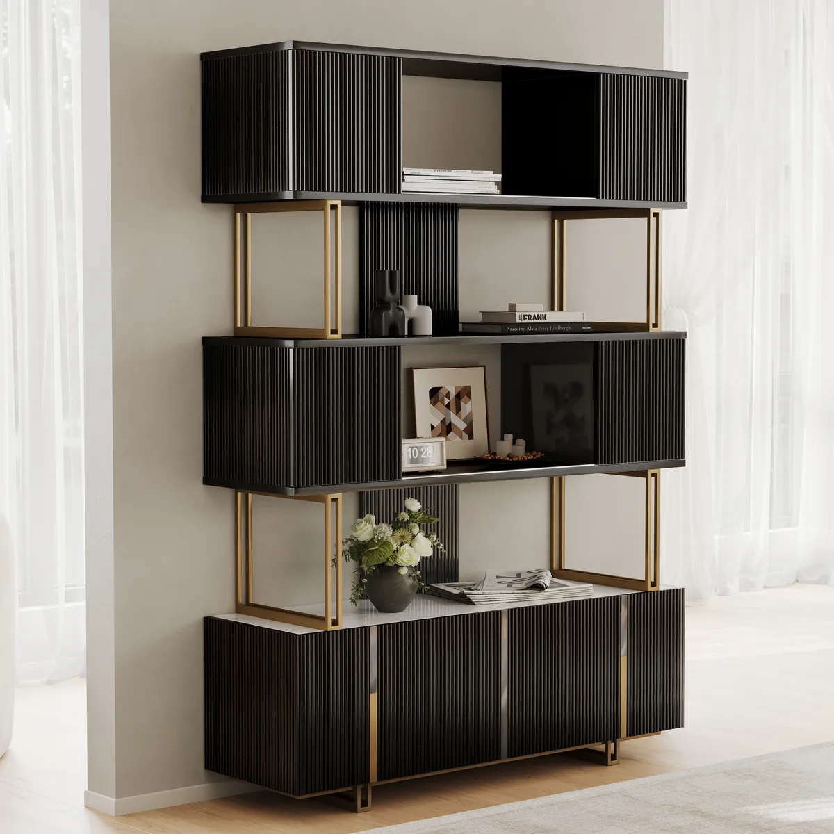 5-Shelf Off-white Bookshelf Etagere Tall Bookcase for Home & Office (72.8" High) — image 6