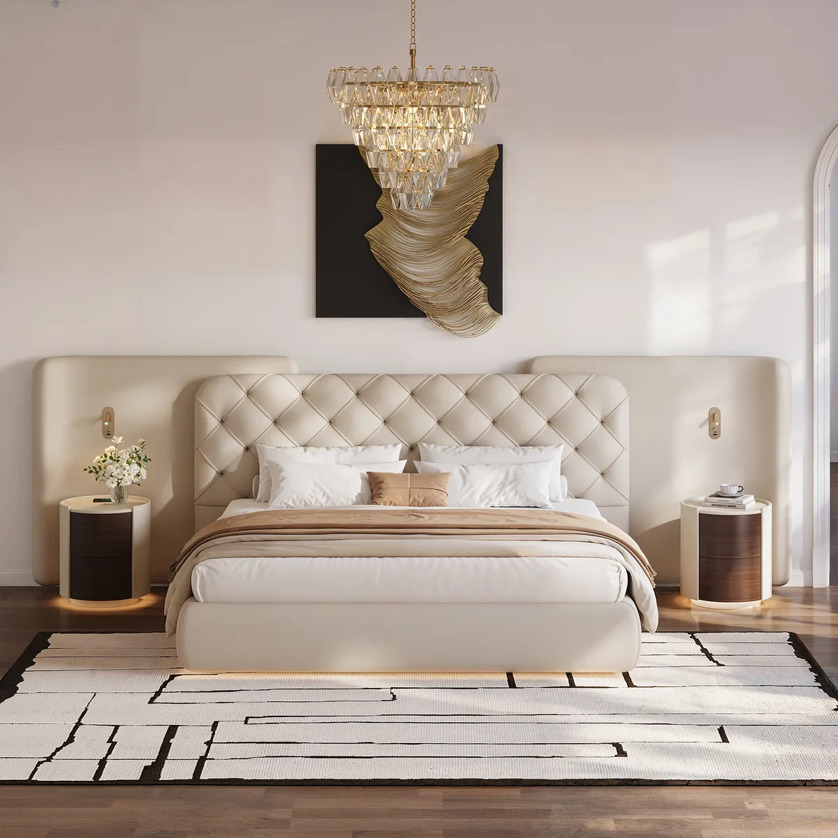 Modern King Genuine Leather Tufted Bed with Wide Charging Headboard & Light — image 3