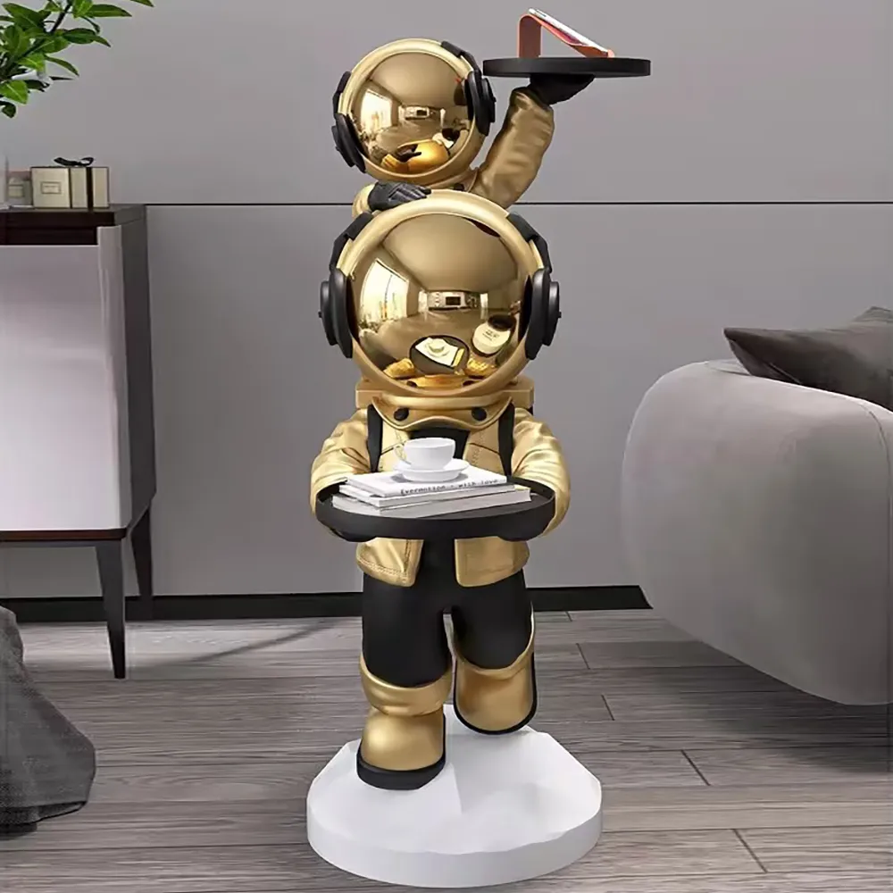 Silver Astronaut Side Table Floor Sculpture Modern End Table with Tray Top — image 3