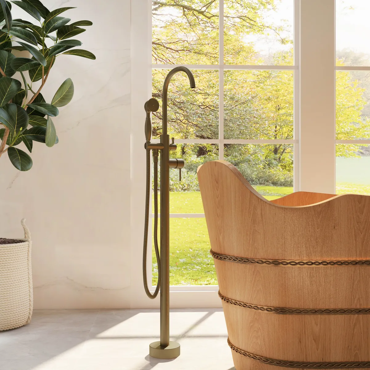 Classic Single Handle Swirling Spout Freestanding Tub Faucet with Handshower Solid — image 9