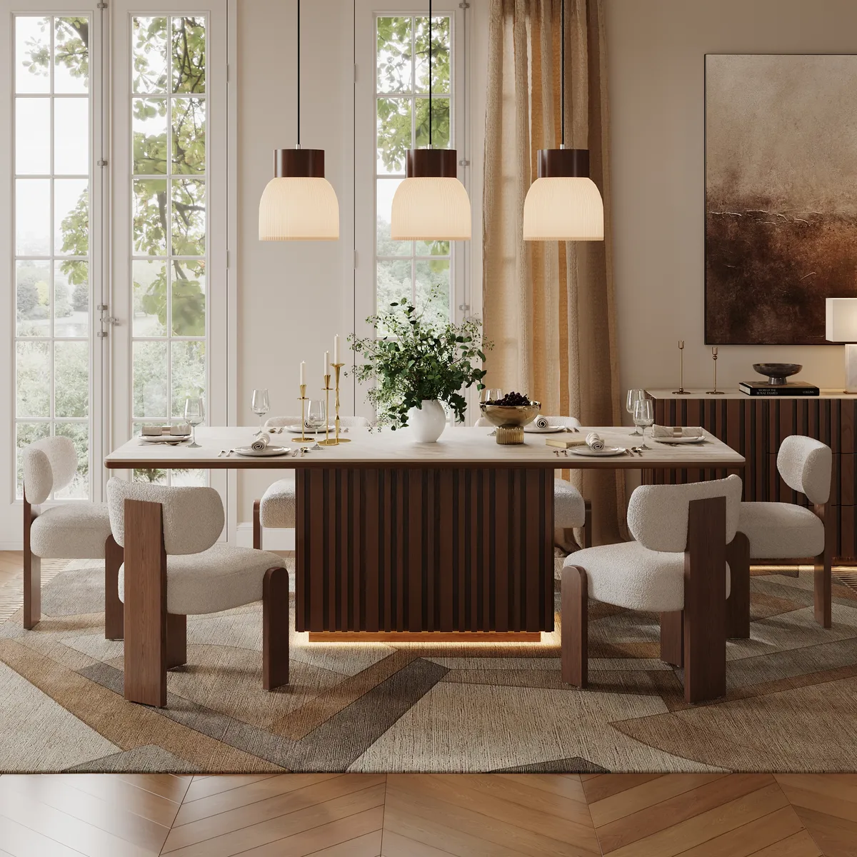 Dining Set 84" Rectangular Faux Travertine Sintered Stone Dining Table with 6 Chairs — image 3