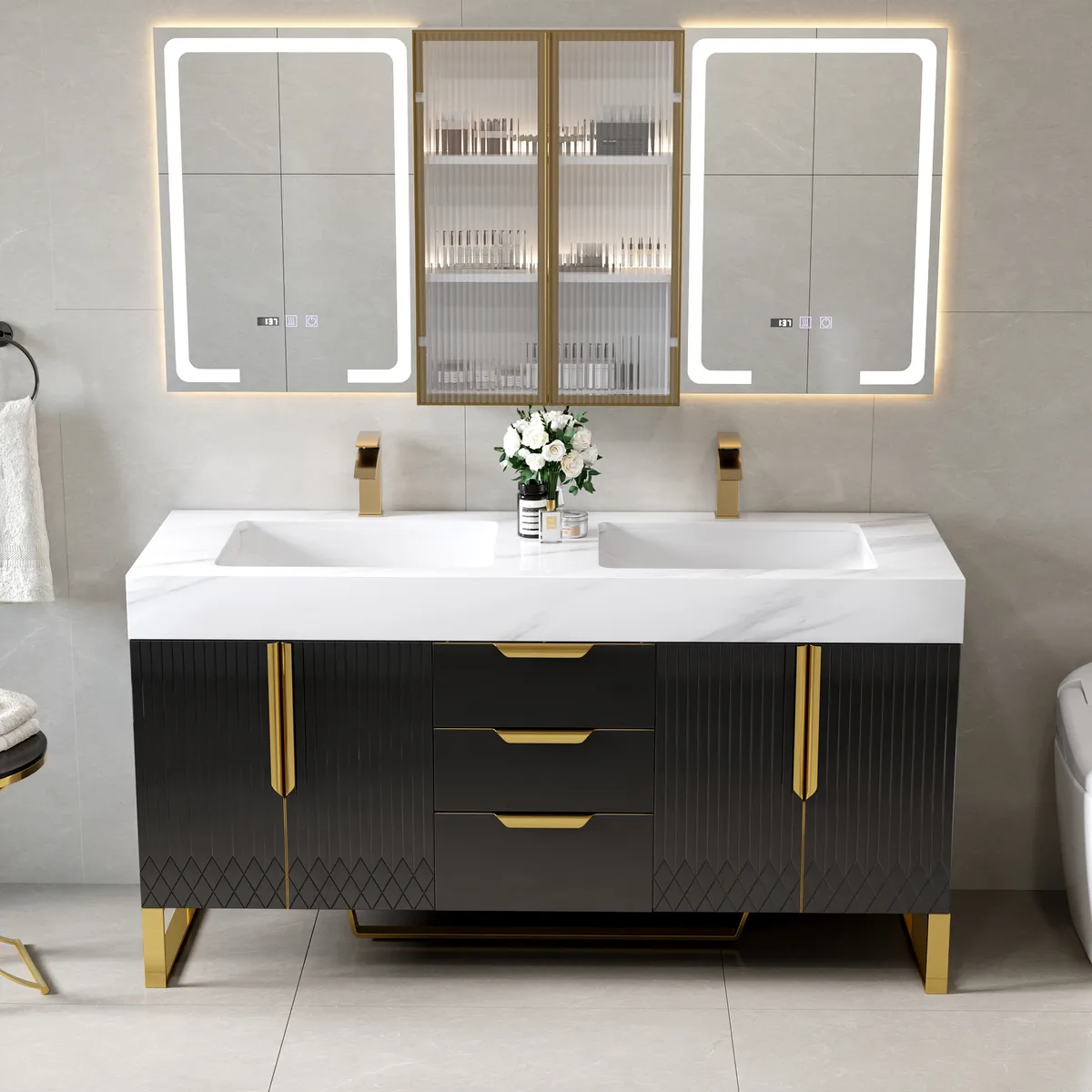 59" Double Sink Floating Vanity Set with LED Medicine Cabinet with Storage — image 15